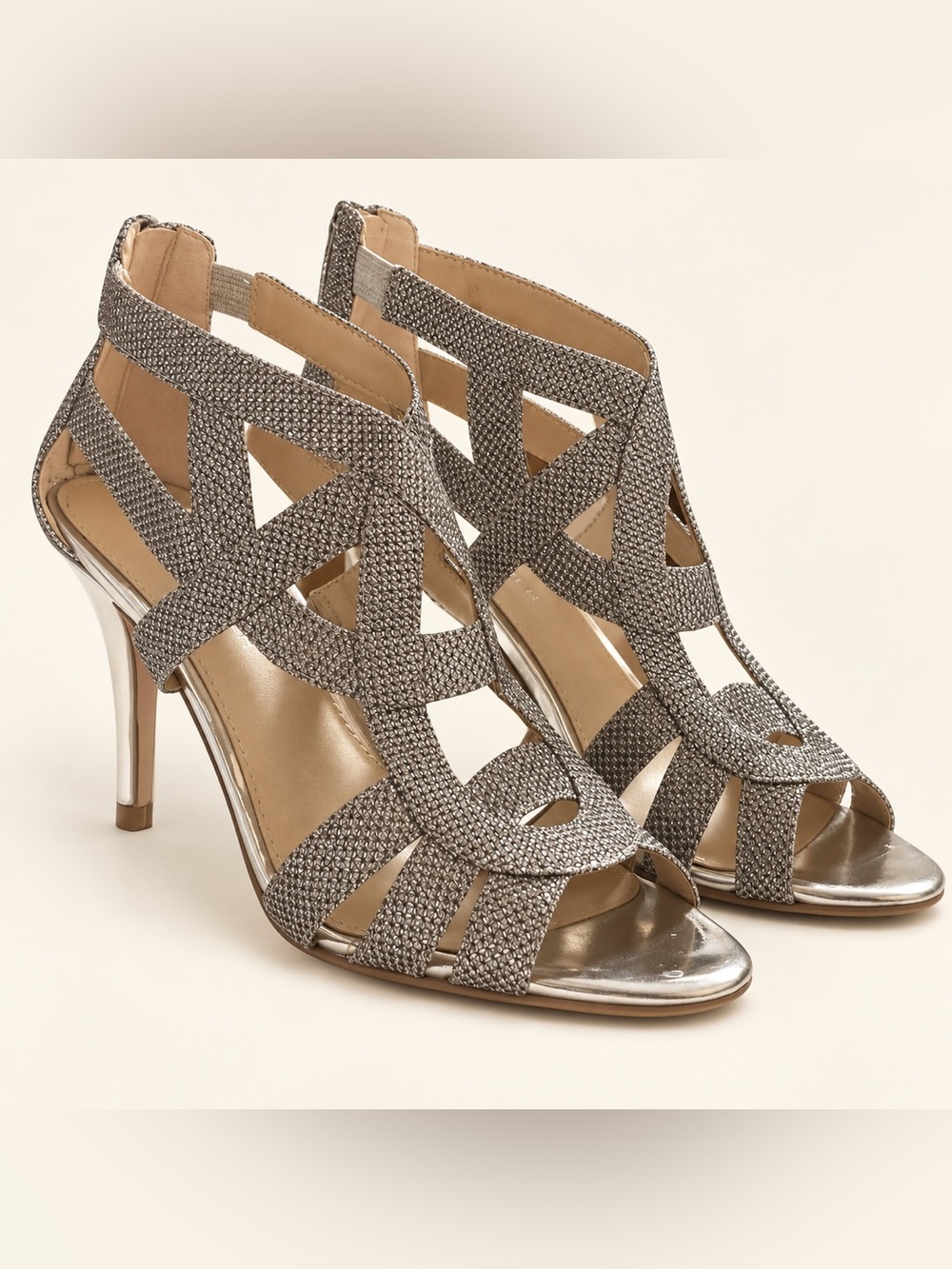 Marc Fisher NALA3 Silver Glitter Caged Strappy Heels Size 7